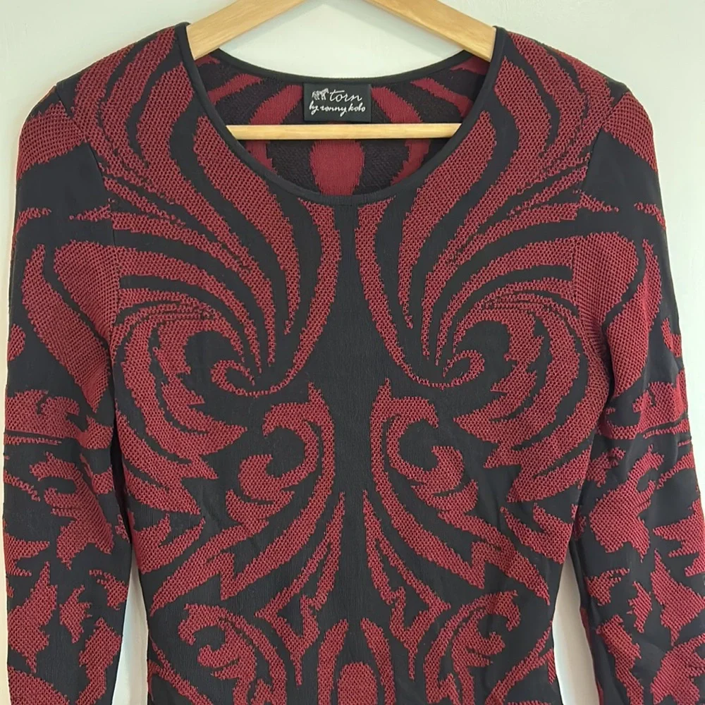Torn by Ronny Kobo beautiful red and black long sleeve bodycon midi dress M